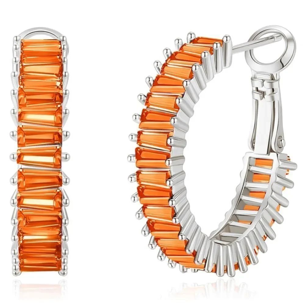 14K White Gold with Orange Spinel Cubic Zirconia Drop Hoop Leverback Earrings